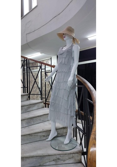 Italyan 2 Beden İnce Gösteren Kat Kat Kolsuz Ipek Elbise-8769 Taş Rengi