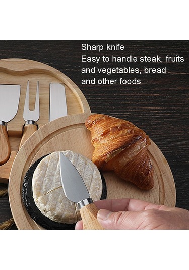 Sones 4 Adet / Set Yuvarlak Meşe Kutusu Peynir Bıçağı Spatula Paslanmaz Çelik Peynir Araçları Çatal Bıçak Takımı, Renk: Çelik Rengi