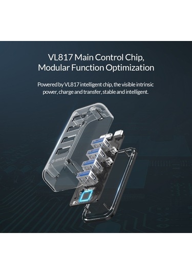 Orıco F4u 4 X Usb 3.0 Bağlantı Noktası 5gbps Mavi Led Gösterge Işığı İle Hızlı İletim Masaüstü Göbeği Şeffaf