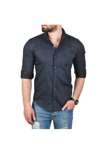 Deepsea Erkek Lacivert Slim Fit Pamuklu Kot Gömlek Kolay Ütülenebilir Çıt Çıtlı Likralı Spor Gömlek 2502504 Lacivert