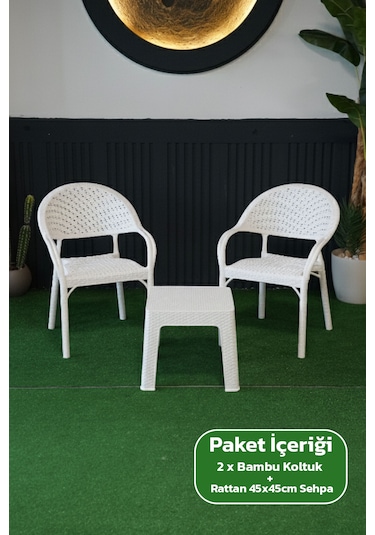 Bambu Rattan Görünümlü Sehpalı Set 2 Adet Koltuk + 45 Cm Sehpalı Sandalye Seti Beyaz