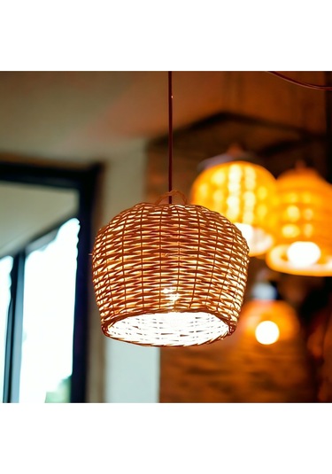 Hasır Yuvarlak Avize El Yapımı 25 Cm Sarı Bej - Sarı