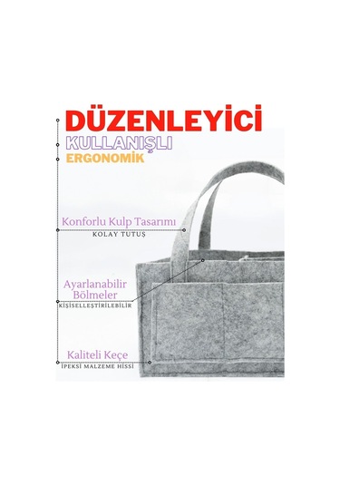 Yunusoğlu Home Anne Bebek Keçe Bakım Çantası Yenidoğan İçin Organizer Düzenleyici Çok Amaçlı Gri