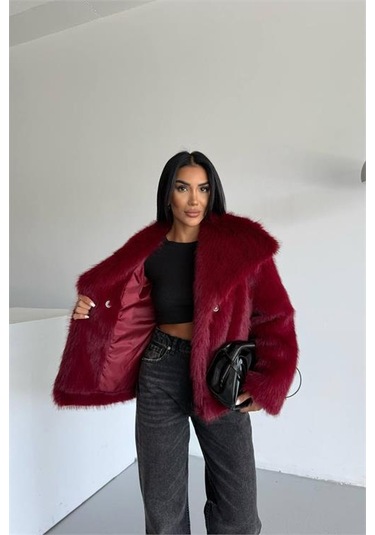 Neşeli Butik Kadın İçi Astarlı İthal Kürk Kaban Nbg111 Bordo