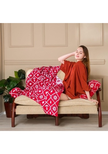 Marin Desen Triko Battaniye Koltuk Şalı Ve Kırlent Kılıfı Seti-130X170