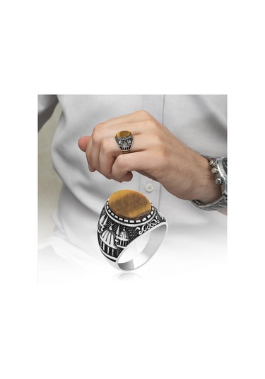 Cami Motifli Kaplan Gözü Taşlı 925 Gümüş Erkek Yüzük