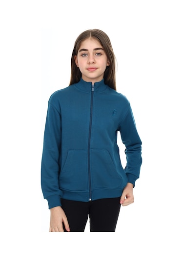 Toontoy Kız Çocuk Mavi Dik Yaka Fermuarlı Cepli Düşük Omuz Nakış Baskılı Örme Hırka - 2 İplik Şardonlu Petrol Mavi