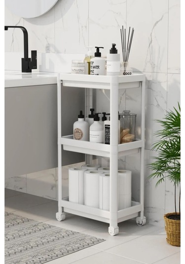 3 Katlı Banyo Raf Ünitesi, Banyo Düzenleyici, Şampuanlık, Beyaz