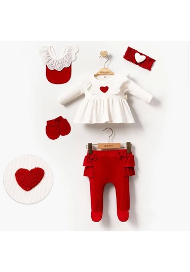 Kalp Baskılı Kutulu 5 Parça Hastane Çıkışı Seti %100 Pamuk Kırmızı