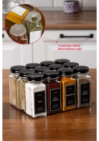Mienda Home 12 Adet Cam Baharatlık Seti Siyah Etiketli-kapaklı Baharatlık Cam Takım-mh00syh12 Siyah - Şeffaf