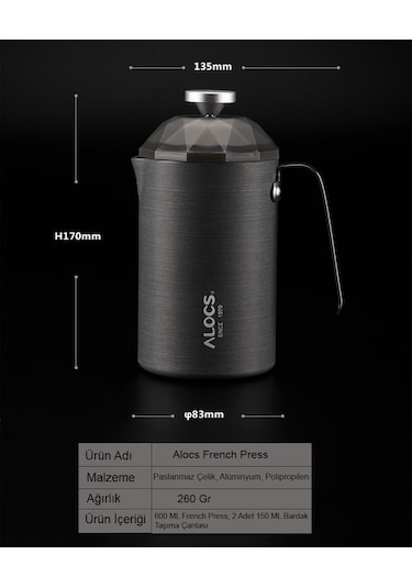 Alocs Paslanmaz Çelik French Press 600 Ml Gri