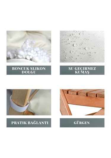 Bysay Puf Minderli Ahşap Katlanır Bahçe Sandalyesi Naturel-krem Krem