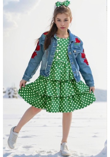 Riccotarz Kız Çocuk Çiçek Baskılı Kot Ceket Puantiyeli Kat Kat Piliseli Yeşil Elbise Yeşil