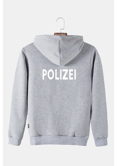 Unisex Gri Kapüşonlu Arkası Polizei Baskılı Slim Fit Kanguru Cepli Sweatshirt Gri