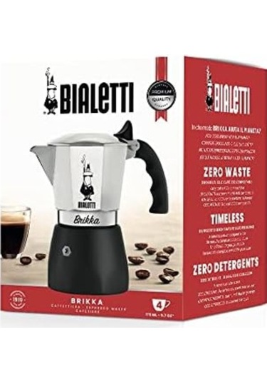 New Brikka Moka Sürahisi, Kremalı Espresso Hazırlayabilen Tek Ocak Kahve Makinesi, 4 Fincan 170 Ml , Alüminyum Ve Siyah, Metal