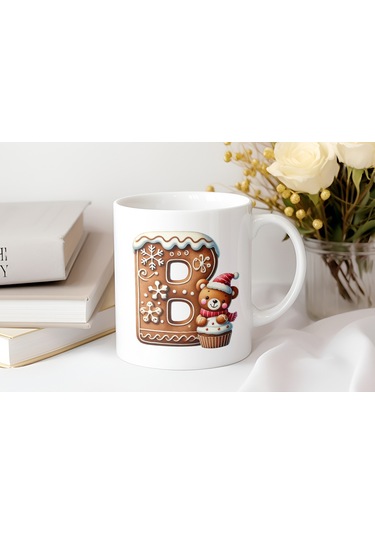 B Kurabiye Harf Ve Ayıcık Detaylı Kupa Bardak - Yeni Yıl / Yılbaşı Temalı Tasarım - Noel Hediye Beyaz