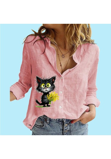Kadın Moda Düğmeli Bluz Rahat İnce Uzun Kollu Üst Bayan Pamuklu Keten Baskılı Gömlek Pembe