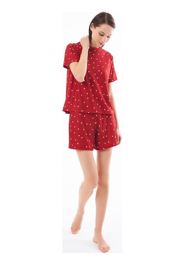 Premium Şortlu Kadın Pijama Takımı Kırmızı Kalp Desenli Yumuşak Dokulu Bisiklet Yaka Kısa Kollu Kırmızı