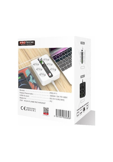 3000w Akım Korumalı 4 Usb'li Ve 2 Type-c Li 6'lı Grup Priz 2 M Uzatma Kablosu Beyaz 2 M