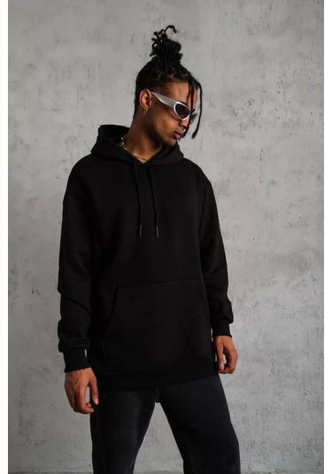 Erkek Düz Kapüşonlu Sweat - Siyah Siyah