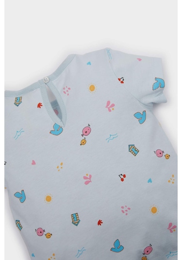 DeFacto Kız Bebek Pijama Takımı Desenli Kısa Kollu Penye Üst Beli Lastikli Şort E9603A525SMBE61 Mavi