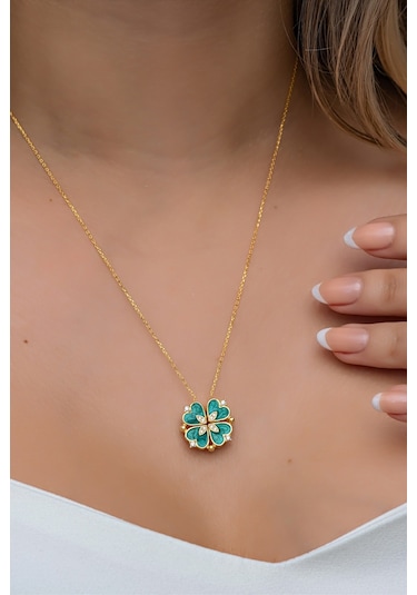 Nereze 925 Ayar Gümüş Mıknatıslı Ayrılabilir Gold Yeşil Mineli 4 Kalpli Yonca Kolye