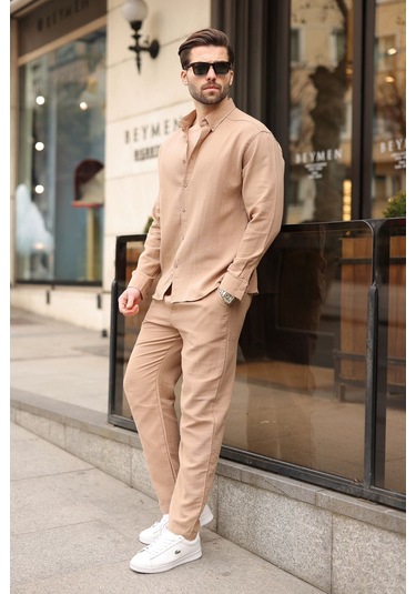 Madmext Camel Gömlek Pantolon Erkek İkili Takım E7322 Camel