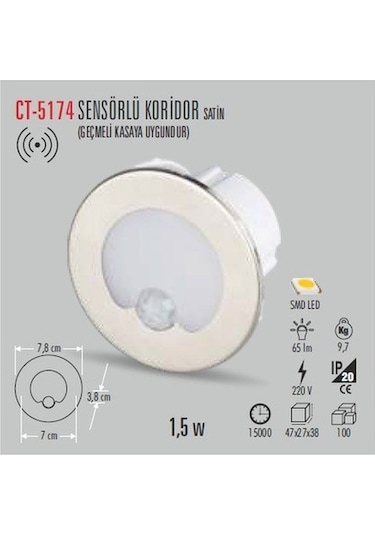 Ct-5174 1.5w/3200k Radar Sen.kor. Armatürü G.ışığı Işık Cata Beyaz