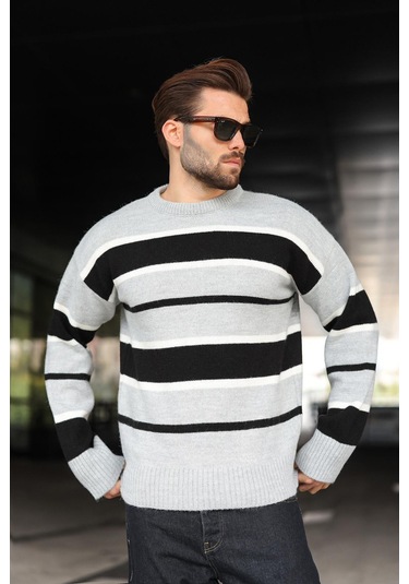 Gri Çizgili Bisiklet Yaka Triko Erkek Kazak E7455 Gri