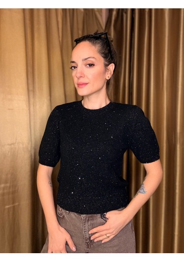 Ali Butik Siyah Pullu Simli Kısa Kol Triko Siyah