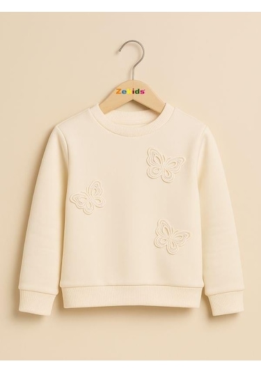 Kız Çocuk Kelebek Desenli Sweatshirt-16229 Beyaz