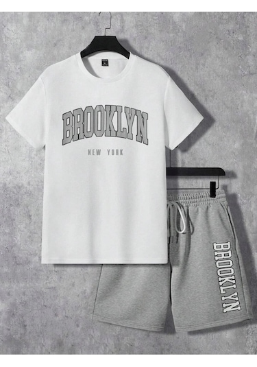 Hırsch Unisex Beyaz T-shirt Gri Şort Alt Üst Brooklyn Baskılı Takım Gri