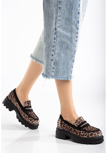 746-759 Leopar Günlük Yüksek Tabanlı Loafer Ayakkabı Taba