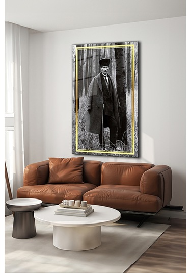 Atatürk Paltolu Siyah Beyaz 2 Dikey Cam Tablo