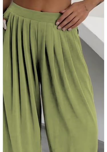 Feela Moda Premium Modal Kumaş Pileli Şalvar Kadın Pantolon 2012 Haki