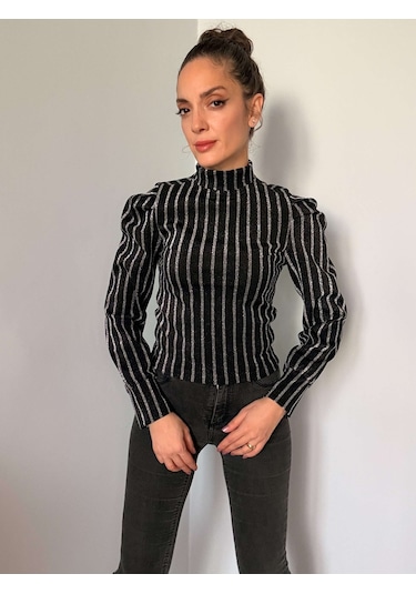 Ali Butik Siyah Simli Gümüş Çizgili Karpuz Kol Bluz Siyah