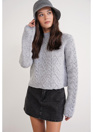 6855 Kadın Dik Yaka Saç Örgülü Triko Kazak Gri Gri