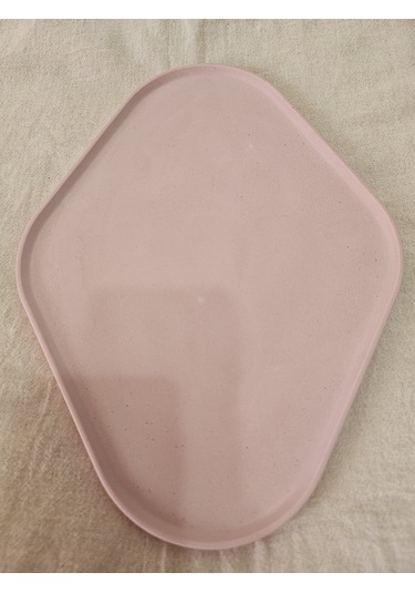 Taş Tozu El Yapımı Nişanlık Sunumluk Ve Mumluk Oval Dörtgen Tepsi Şık Dekoratif Tasarım 30x23 Cm - Pembe Pembe