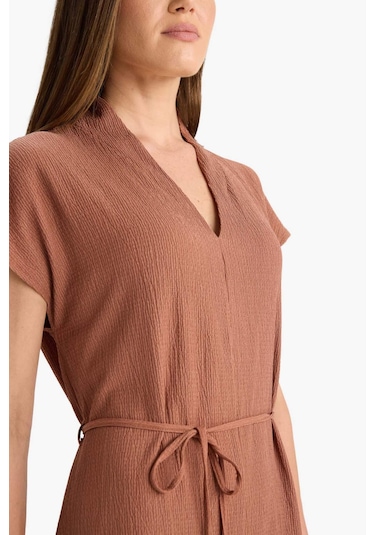 Defacto Regular Fit V Yaka Bağlamalı Midi Elbise F4673ax25hsbn101 Kahve