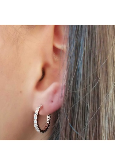 Halka Gümüş Küpe Zirkon Taşlı Rose Orta