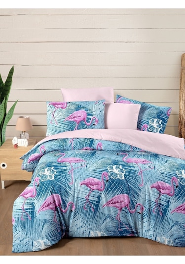 Mystory Home Lastikli Çarşaflı Çift Kişilik Nevresim Takımı Flamingo Mor - Pembe