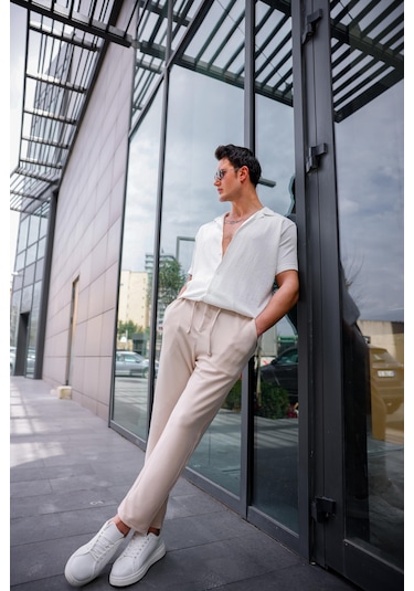 Erkek Bej Renk Likralı Kumaş Jogger Pantolon-1761 Bej