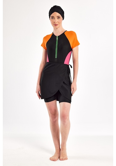 Uv Korumalı Kısa Kollu 3 Farklı Şekilde Giyilebilir Likralı Yarı Kapalı Mayo 1610 Siyah02 Siyah02