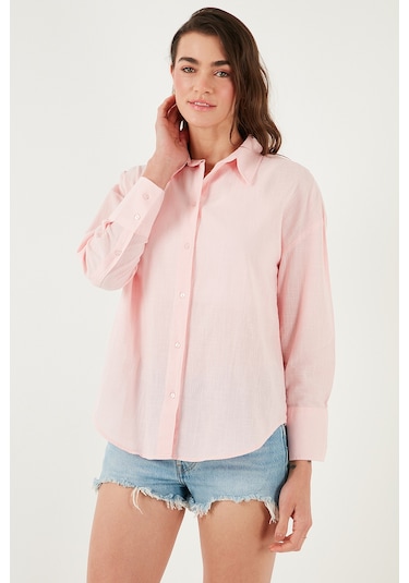 Lela Pamuklu Regular Fit Uzun Kollu Düz Bayan Gömlek Cf25S168305 Açık Pembe