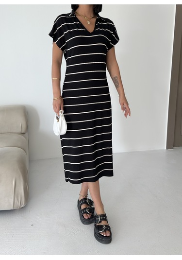 Kadın Pamuklu Polo Yaka Çizgili Elbise Siyah