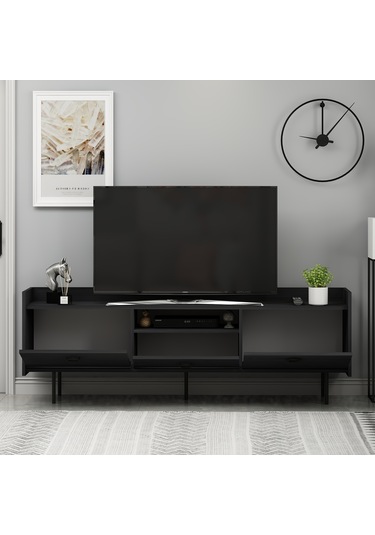 T0015 Lidya Kapaklı, Açık Raflı Tv Sehpası - Ahşap Siyah Ahşap Siyah