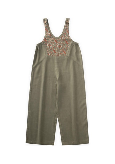 Cigit Roba Komple Nakışlı Keten Salopet 2-7 Yaş Haki Yeşil Haki