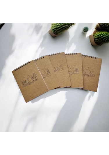 5'li Kraft Defter Set 10x14 Cm 64 Sayfa Çizgisiz Karton Kapak Siyah Spiralli Defter Notebook Çok Renkli