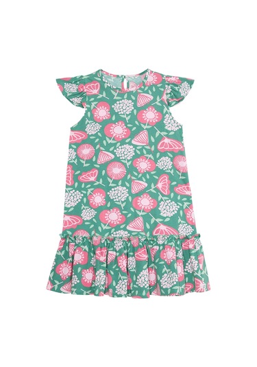 Denokids Pembe Çiçekli Kız Çocuk Yeşil Fırfırlı Elbise Pembe