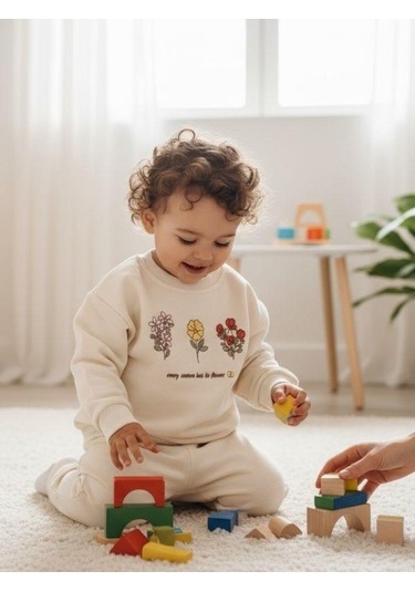Zekids Kız Bebek Çiçek Desenli Eşofman Takım-16328 Krem